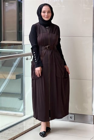 Nurcan Çetin Torba Cepli Palaska Kemerli Fermuarlı Tam Boy Yelek