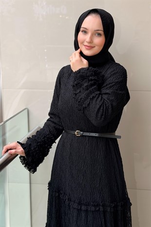 Nurcan Çetin Kolları Ve Etek Ucu Fırfır Detaylı Astarlı Bürümcük Elbise