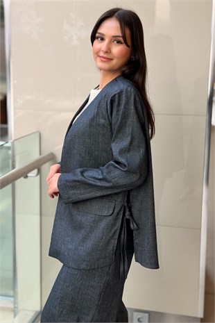 Ceremony Yandan Bağlamalı Denim Keten Ceket