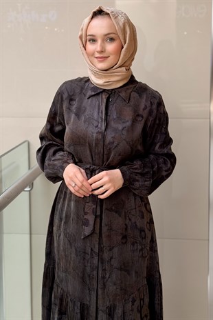 Nuss Desenli Kuşaklı Gömlek Elbise