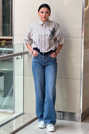 İpekyol Hotfix Baskılı Wide Leg Fit Jean Pantolon