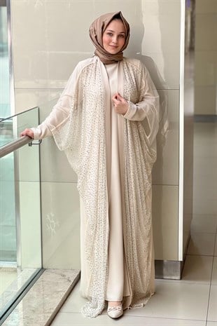 White Corner Taş İşlemeli Tül Abaya