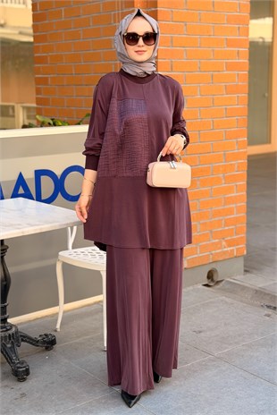 Nurcan Çetin Desenli Kumaş Kombinli Tunik Pantolon Takım