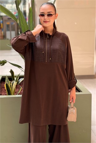 Heddy Bürümcük Kumaş Kombinli Yarım Fermuarlı Tunik Pantolon Takım