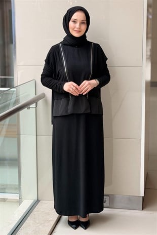 Nurcan Çetin Çift Fermuar Detaylı Kolsuz Yelek İç Elbiseli İkili Takım