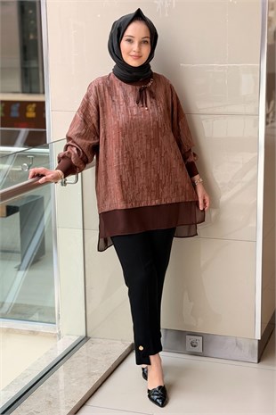 Tığ Triko Aksesuarlı Şifon Kombinli Tunik