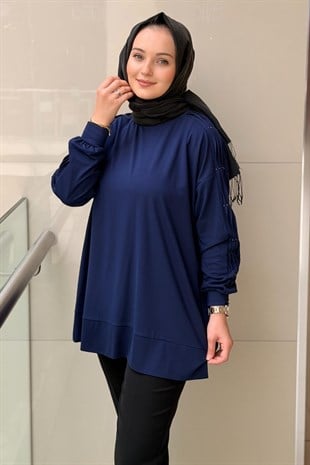Tığ Triko İşlemeli Kol Oversize Tunik