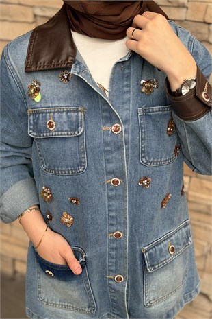 Mahal Yaka Ve Kol Ucu Deri Detaylı Boncuk İşlemeli Denim Ceket