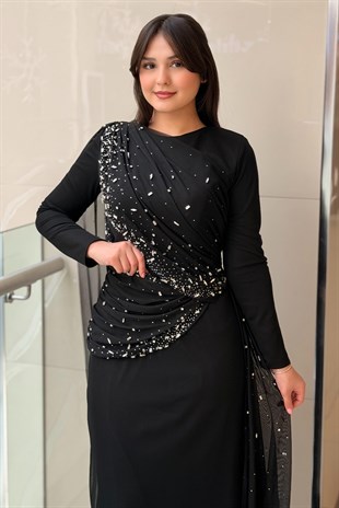 Fashion Night Drapeli Taş İşlemeli Tül Abiye Elbise