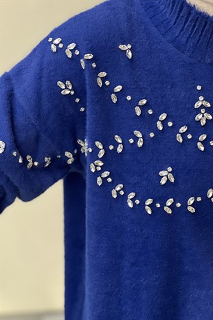 Nuss Sıfır Yaka Kristal Taş İşlemeli Angora Tunik