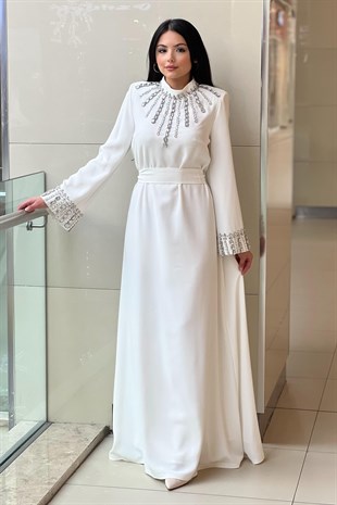 White Corner Yakası Ve Kol Uçları Su Yolu Taşlı Abiye