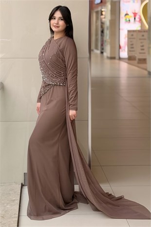 Fashion Night Drapeli Taş İşlemeli Tül Abiye Elbise