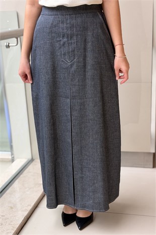 Ceremony Önü Plikaşeli Denim Keten Etek