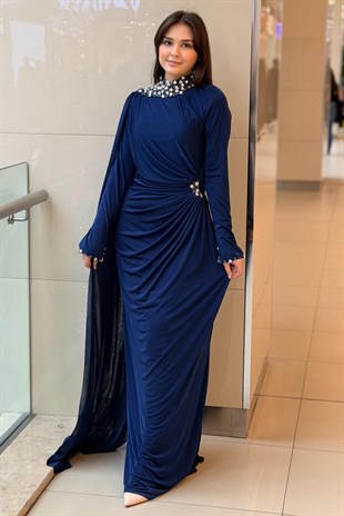 Fashion Nigth Yaka Ve Beli Taş Detaylı Abiye Elbise
