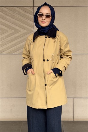 Mahal Eleganza Önden Düğmeli Boncuk İşlemeli Trenç