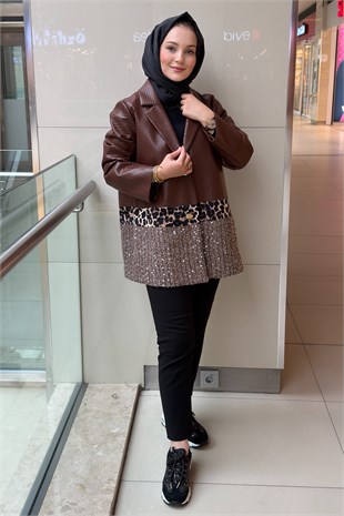 Ghisa Kare Desenli Pul Payet Ve Leopar Detaylı Deri Ceket