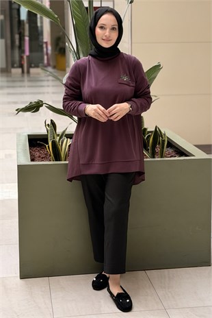 Tığ Triko Taş Aksesuarlı Arkası Pileli Düğmeli Tunik