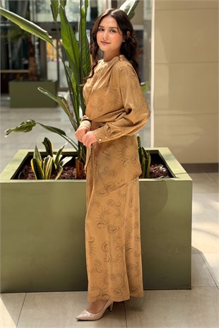 Ghisa Şal Desenli Uzun Tunik Bol Pantolonlu Takım