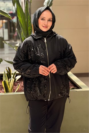 Ghisa Pul Payet Çiçek İşlemeli Fermuarlı Ceket