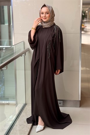 Ghisa Boncuk Yaprak İşlemeli Kolsuz İçlikli Abaya 2Li Takım