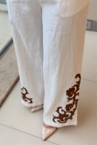 İpekyol Kontrast Nakışlı Keten Pantolon