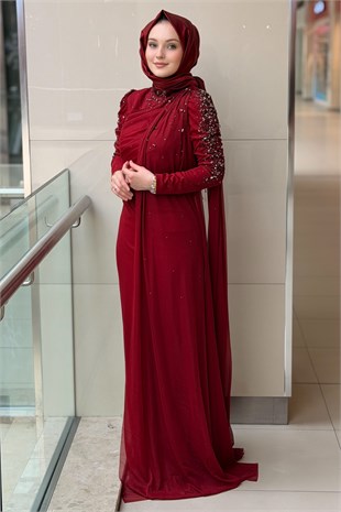 Fashion Night Kolları Taşlı Şifon Tül Abiye Elbise