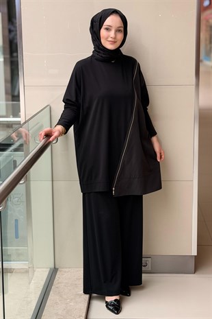 Nurcan Çetin Çapraz Fermuar Detaylı Tunik Pantolon Takım