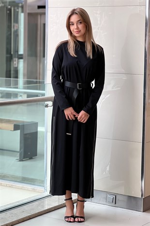 Nurcan Çetin Yanları Fermuarlı Kemerli Elbise