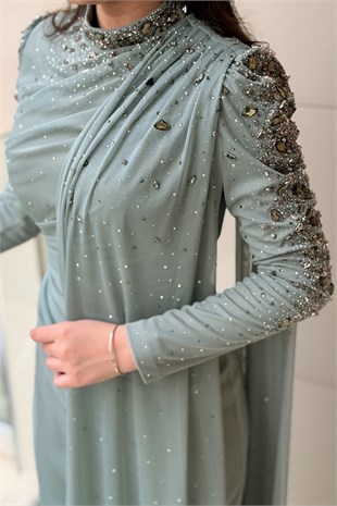 Fashion Night Kolları Taşlı Şifon Tül Abiye Elbise