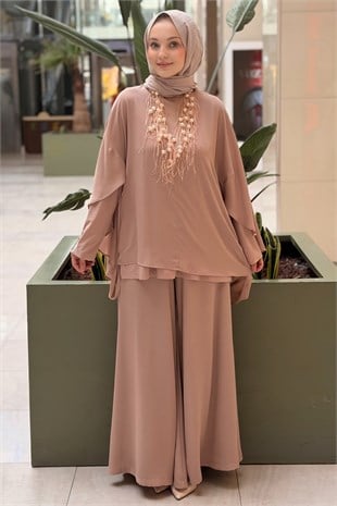 Ghisa Aksesuar Kolyeli İçlikli Şifon Tunik Pantolon Takım
