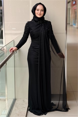 Fashion Night Kolları Taşlı Şifon Tül Abiye Elbise