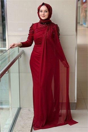 Fashion Night Kolları Taşlı Şifon Tül Abiye Elbise