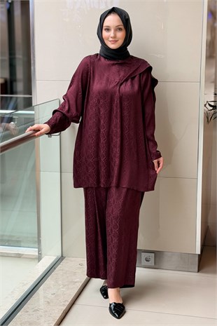 Ghisa Piton Desenli Şal Yaka Tunik Pantolon Takım