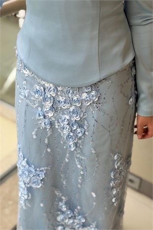 Fashion Night Kabartma Gül İşli Bluz Etek İkili Abiye Takım