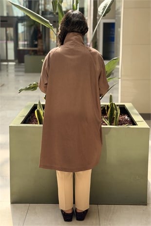 Ghisa Dik Yaka Düğme Detaylı Önden Fermuarlı Kap