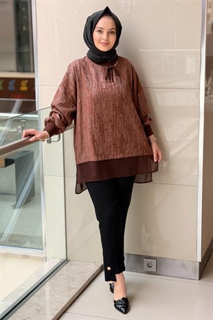 Tığ Triko Aksesuarlı Şifon Kombinli Tunik