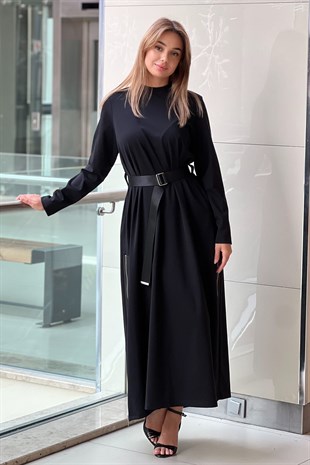 Nurcan Çetin Yanları Fermuarlı Kemerli Elbise