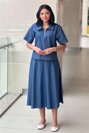 On Fashion Önü Kısa Fermuarlı Bluz Etek Takım