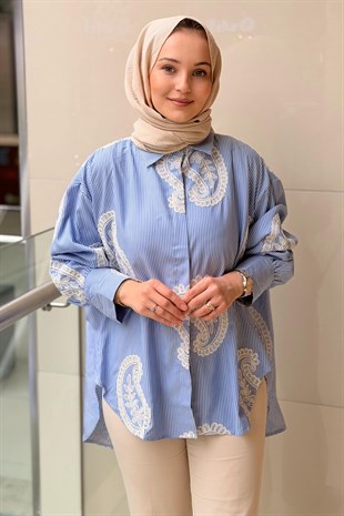 Ghisa Şal Desen Nakış İşlemeli Çizgili Pamuk Gömlek