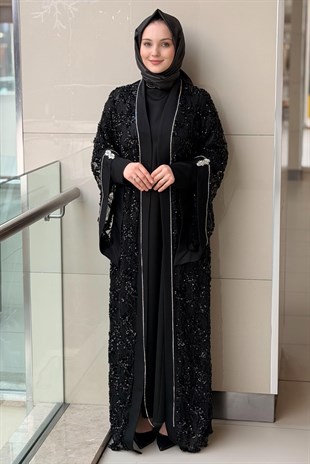 Matex Pul Payetli Önü Açık İçli Dışlı Elbiseli Abaya