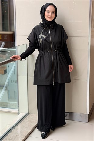 Nurcan Çetin Yakası Stoperli Önden Fermuarlı Paraşüt Yelek Tunik Pantolon 3Lü Takım