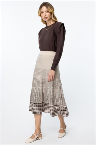 On Fashion Kareli Pileli Midi Boy Triko Etek