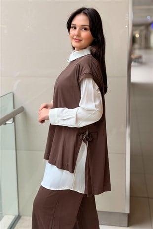 Nurcan Çetin Yaka Yarım Fermuarlı Kolsuz Tunik Gömlek Pantolon 3Lü Set Takım