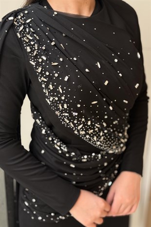 Fashion Night Drapeli Taş İşlemeli Tül Abiye Elbise