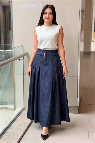Ceremony Önden Fermuar Ve Pile Detaylı Denim Etek