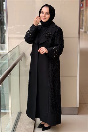 Matex Kruvaze Yaka Kol Uçları Taşlı Yakma Kap Uzun Kollu İçlikli B.Beden İkili Abaya