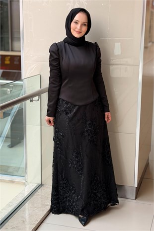 Fashion Night Kabartma Gül İşli Bluz Etek İkili Abiye Takım