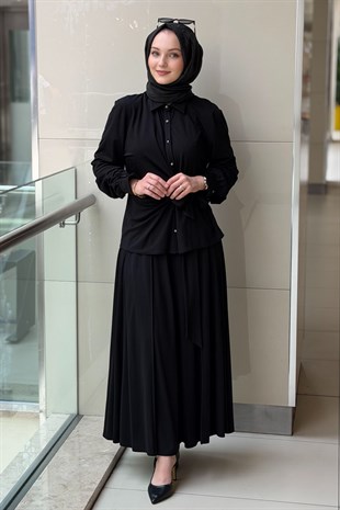 Ghisa Kuşak Aksesuarlı Gömlek Nervürlü Etekli Takım