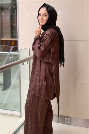 Ghisa Piton Desenli Şal Yaka Tunik Pantolon Takım