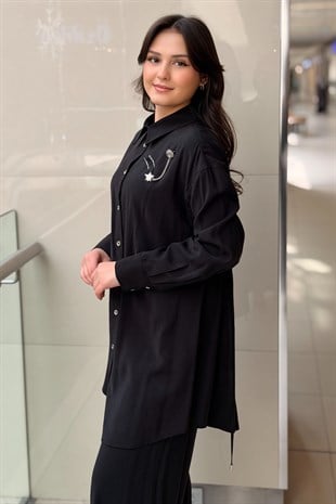 Nurcan Çetin Broş Detaylı Gömlek Pantolon Basic Takım
